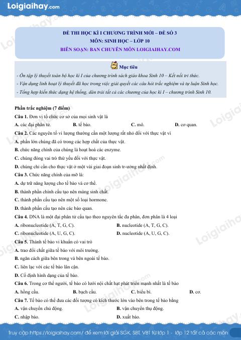 Đề thi học kì 1 Sinh 10 Kết nối tri thức - Đề số 3